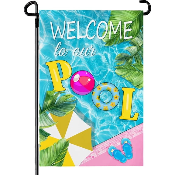 Pool Garden Flag Vertical Double Sided Summer Swimming Pool Yard Flag with Palm Leaf and Parasol Design 12x18 Inch Holiday Seasonal Farmhouse Outdoor Banner Decor
