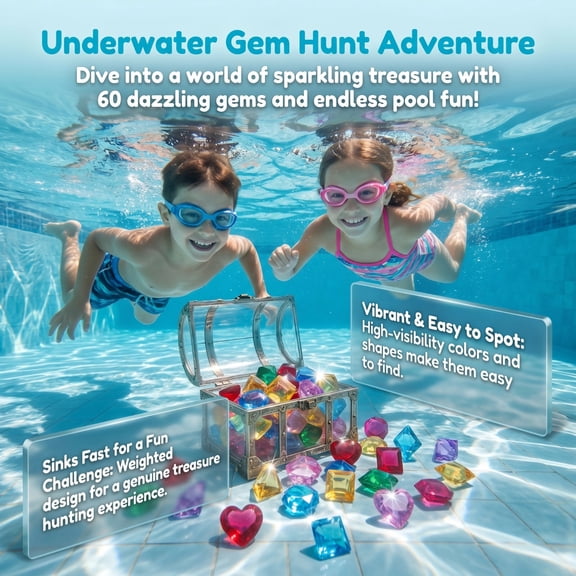 Pool Gem Hunt Diving Game for Kids Ages 6-12 – 60 Colorful Sinking Gems, Vintage Treasure Chest & Waterproof Task Cards – Summer Pool, Beach & Swimming Activity