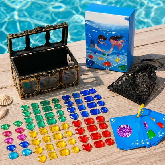 Pool Gem Hunt Diving Game for Kids – Waterproof Rainbow Sinking Gems, Treasure Chest & Splash Cards – Fun Water Activity for Ages 6-12, Backyard Pool, Beach & Summer Play