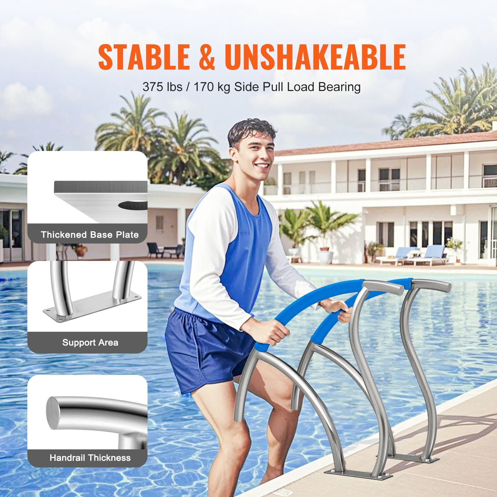 Pool Handrail, 2 PCS 30x30 in Pool Railing, Stainless Steel with Base Plate for Indoor/Outdoor Pools,Swimming Pool Safety Railing for Decks,Rust-Proof Grab Bar w/ Grip Cover&Accessories for Spas