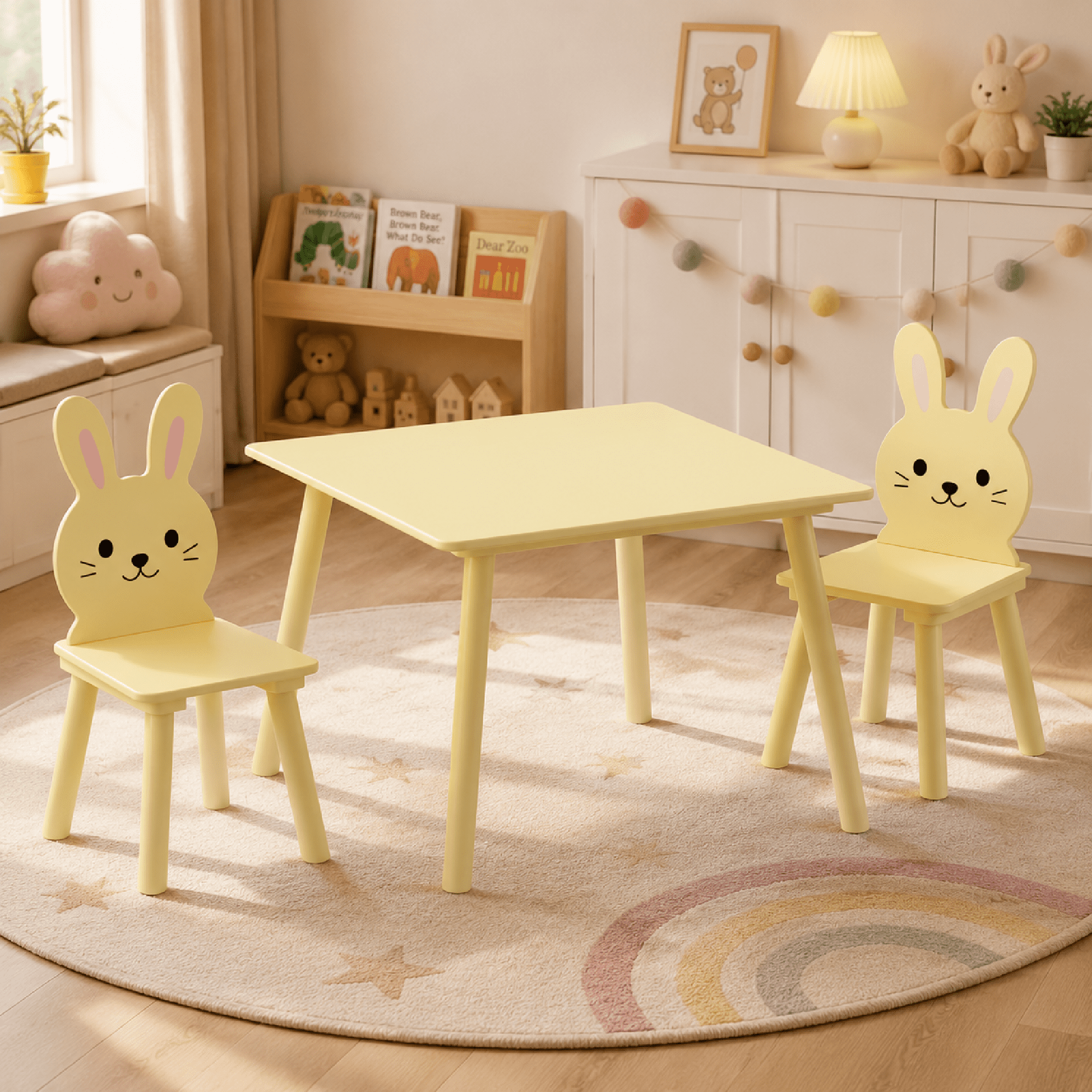 Bunny-Themed Kids Table and 2 Chairs Set Toddler Activity Furniture Playroom Bedroom Study