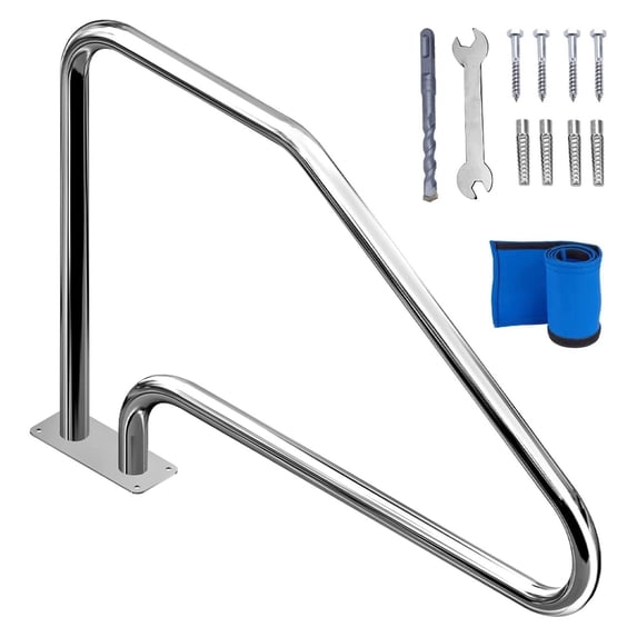 Pool Handrail Swimming 49x34 Stainless Steel Humanized Handle Swimming Pool Stair Rail with Blue Grip Cover Quick Mount Base Plate & Accessories for SPA Inground Pools
