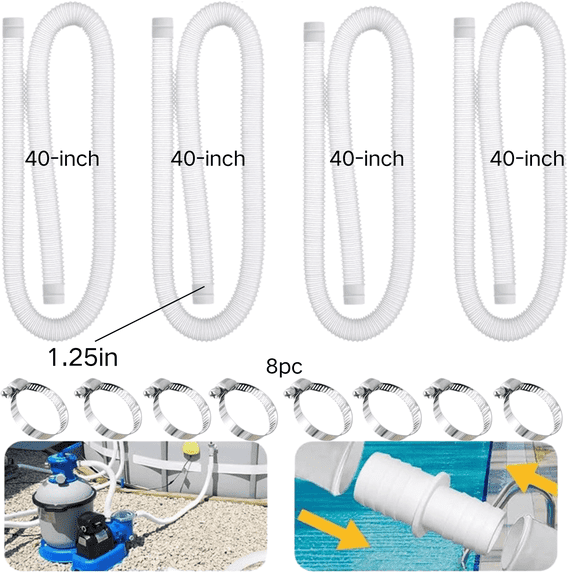 Pool Hose Replacement Set | 4-Pack 1.25 Inch Diameter x 39 Inch Long | Above Ground Pool Pump & Filter Connection | Flexible Polyethylene Tubing | Leak-Proof | 8 Stainless Steel Clamps Included