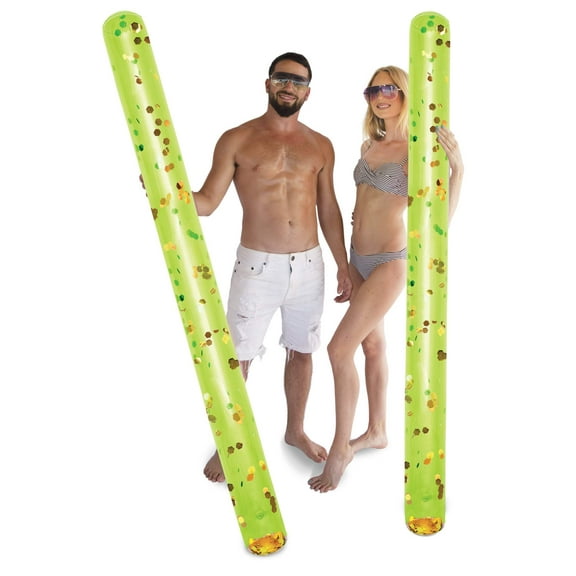 POZA 2 Pack of Inflatable Jumbo Pool Noodles - 74-Inch Premium and Luxurious Giant Inflatable Sparkly Gold Glitter Confetti Pool Float Swim Noodles, Inflatable Noodles for Pool - Green and Gold