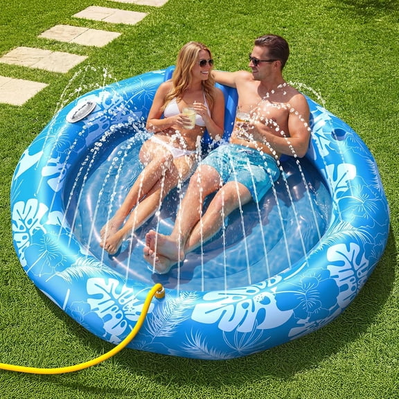 Pool Inflatable Tanning Pool Lounger Float with Sprinkler, 72"x65" Round Pool Float Adults with Pillow XL Cup Holder Handle Blow Up Tanning Bed for Summer Sunbathing Water Lounge Party Gifts, Blue