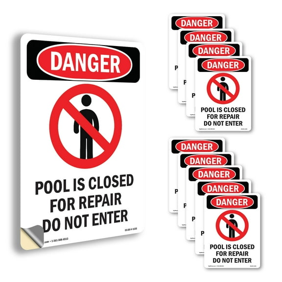 Pool Is Closed For OSHA Danger Vinyl Decal Label 10 Inch x 7 Inch - 10 Pack