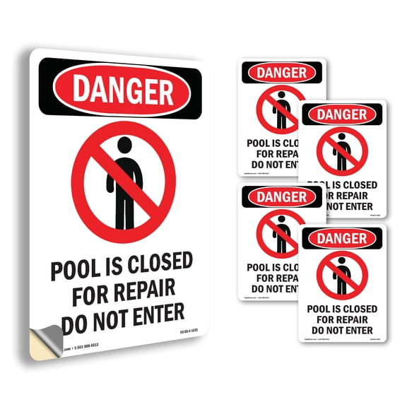 Pool Is Closed For OSHA Danger Vinyl Decal Label 5 Inch x 3.5 Inch - 5 Pack