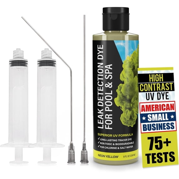 Pool Leak Detection Dye Kit - with 2 Precision Applicators - 75+ Tests - Superior Long Lasting UV Pool Dye Easily Locates Leaks - for All Pool, Spa, & Hot Tub Types - 8 OZ (Fluorescent Yellow)