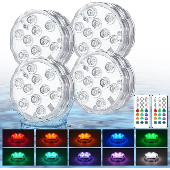 Pool Lights with Remote, 10 Color Changing Pool Lights for Above Ground Pools, Battery Operated Submersible LED Lights for Pond, Bathtub, Hot Tub, Party, 4 Pack