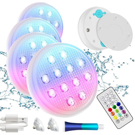 Pool Lights, Upgraded Rechargeable Submersible LED Lights with Remote, IP68 Waterproof 16 Color Floating Light with Magnet, Pool Light for Above Ground Inground Pools,Hot Tub, Bath 4 Pack
