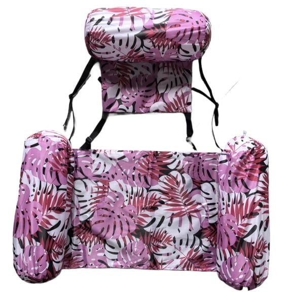 Pool Lounge Chair for Adults, Heavy Duty Fabric Floating Hammock with Tropical Plant Pattern, Adjustable Backrest Pool Float with Headrest, Portable Blow Up Water Chair for Summer Beach Lake Party