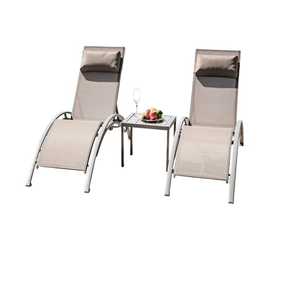 Pool Lounge Chairs (3) - Adjustable Aluminum Outdoor Chaise With Metal Table All Weather Resistance For Deck, Lawn, Poolside, Backyard Khaki 3 Side Deck Lawn 5 Angles, Water-repellent Fabric, Tone