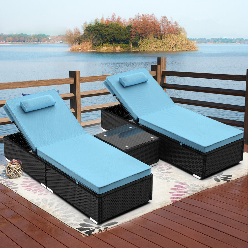 Pool Lounge Chairs, BTMWAY PE Wicker Outdoor Patio Chaise Lounge Chairs Set with Adjustable Backrest, Coffee Table, Outdoor Rattan Patio Chaise Lounge Chair, Blue, A2487 - image 1 of 11