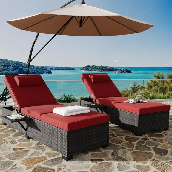 Pool Lounge Chairs Outdoor Set of 2, Outdoor Lounge Chair Recliner with Cushions, PE Wicker Rattan Chaise Lounge Chair with Adjustable Backrest