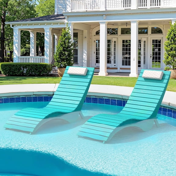 Pool Lounge Chairs Set of 2 - Anti-Floating HDPS Design for Pools & Backyard Sun Decks, Weighted Pool Chairs and Lounges for Poolside or Outside, Includes Headrest, Aruba Blue