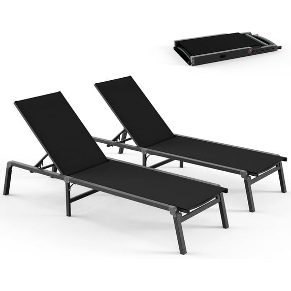 Pool Lounge Chairs Set of 2, Foldable Aluminum Chaise Lounge Outdoor with 5 Positions Recliner - Free Assembly - Patio Chaise Lounge Chair for Poolside, Beach, Yard (Black, 2 Pack)