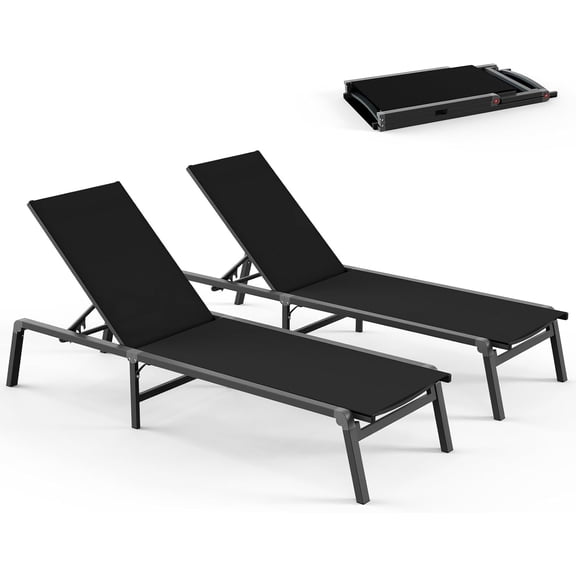 Pool Lounge Chairs Set of 2, Foldable Aluminum Chaise Lounge Outdoor with 5 Positions Recliner - Free Assembly - Patio Chaise Lounge Chair for Poolside, Beach, Yard (Black, 2 Pack)