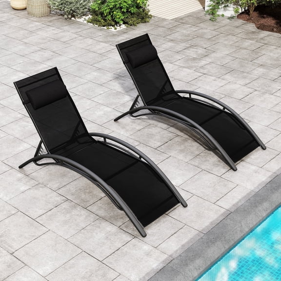 Pool Lounge Chairs (Set of 2) | Patio Chaise Lounge with Adjustable Headrest & 5-Position Backrest | Tanning Chair for Poolside, Beach & Outdoor Sunbathing