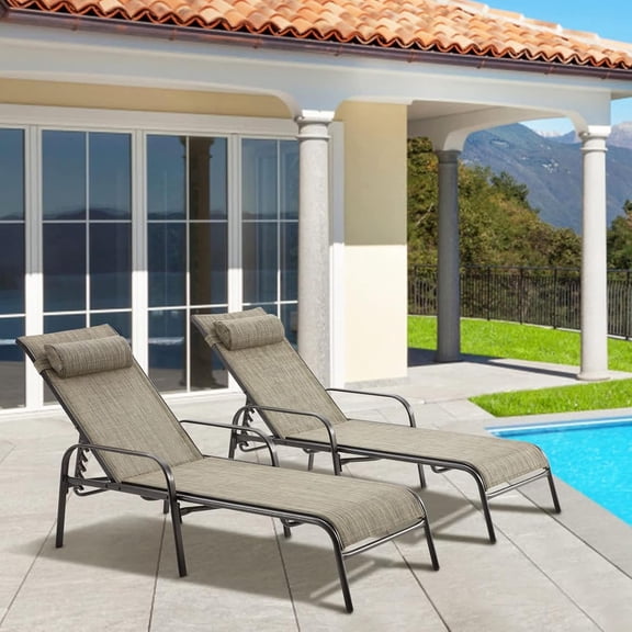 Pool Lounge Chairs Set of 2, UPHYB All-Weather Waterproof Upgraded Outdoor Chaise Lounge with Pillow and Adjustable Backrest for Poolside Beach Yard Balcony