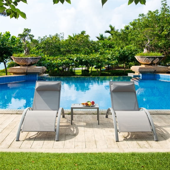 Pool Lounge Chairs Set of 3, Adjustable Aluminum Outdoor Chaise Lounge Chairs with Metal Side Table, All Weather for Deck Lawn Poolside Backyard (Grey, 2 Lounge Chairs&1 Tbale) 09828