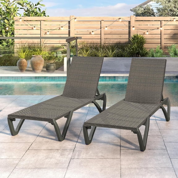 Pool Lounge Chairs Set of 2, Wicker Adjustable Outdoor Chaise Lounge with Wheels, All Weather Poolside Chairs for Deck Lawn Patio Backyard