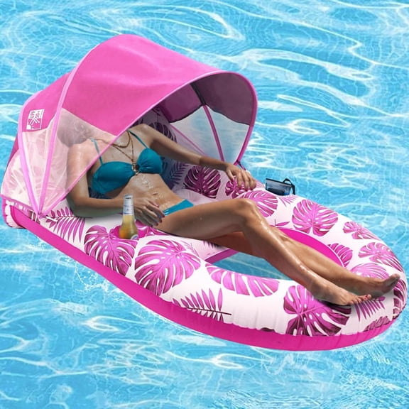 Pool Lounge Float with Canopy UPF51+, Extra Large Pool Floats for Adults Heavy Duty, Inflatable Lounger Float with Cup Holder & Backrest, Footrest