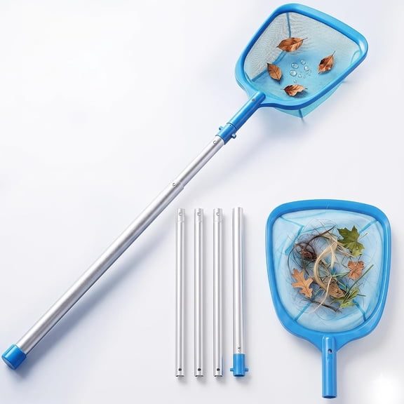 Pool Mesh Skimmer Net with Adjustable Aluminum Pole, Fine Leaf Skimmer for Above Ground & Inground Pools, Hot Tub, Spa & Pond, Pool Cleaner for Leaves, Bugs and Debris Easily Catches Leaves