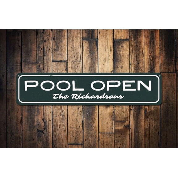 Pool Open Sign Family Name Sign Custom Family Pool Sign Metal Pool Patio Decor Summer Sign - Pool Houses - Size: 16 x 4 Inches