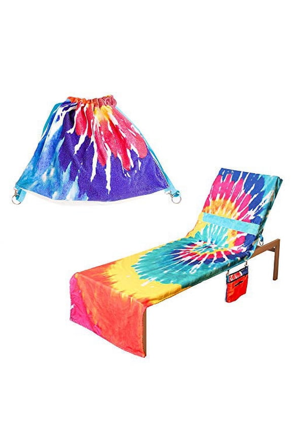 Tie Dye Lounge Chair Towel Backpack Plush Convertible with Large Mesh Pocket 2 Piece