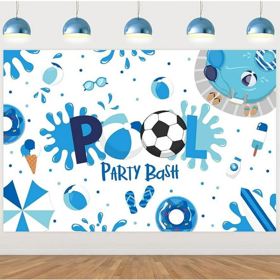 Pool Party Backdrop Banner, Soccer Theme Pool Beach Party Bash Backdrop Photography Background Blue for Summer Swimming Pool Soccer Birthday Party