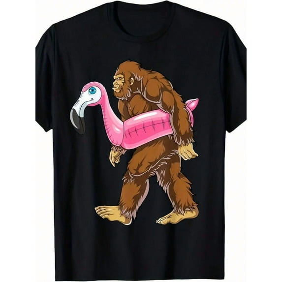 Pool Party Big Foot Flamingo Pattern T-Shirt, Men's Short Sleeve T-Shirt, Casual And Comfortable Round Neck T-Shirt, Daily Wear Top