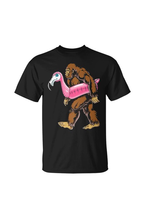 Pool Party Bigfoot Sasquatch Pink Flamingo Float Graphic Cotton Tee Unisex Adult Casual Summer Fun Comfortable T-Shirt for Everyday Wear, Size 5XL, Color Black