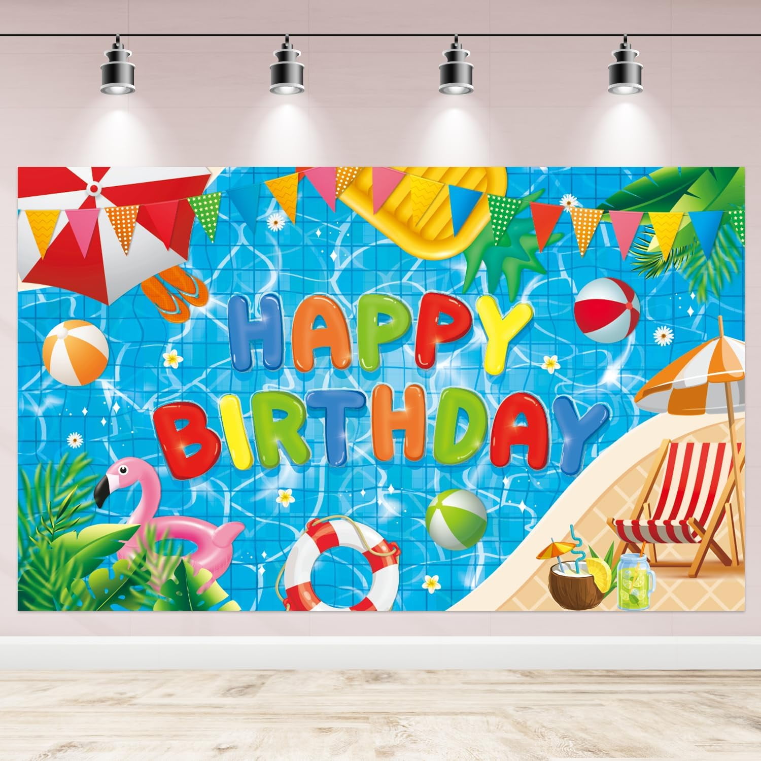Pool Party Birthday Decorations, Happy Birthday Pool Party Banner Backdrop Decorations, Summer Birthday Party Decorations Swimming Pool Party Decorations for Hawaiian Flamingo Party