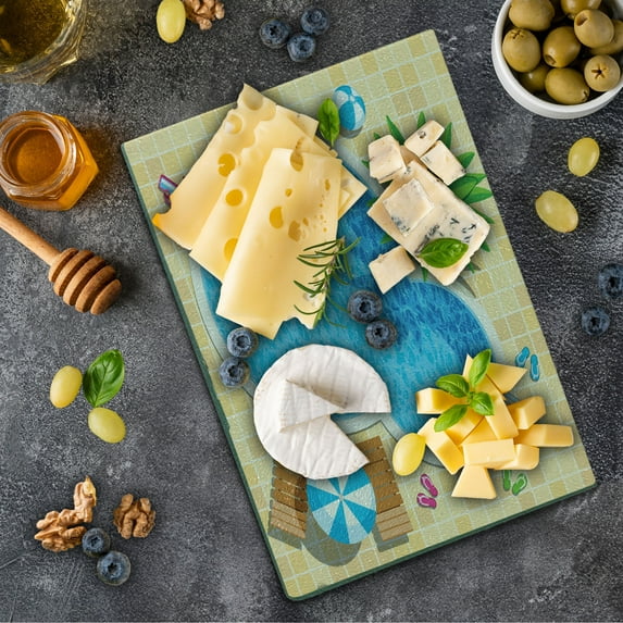 Pool Party Cutting Board, Relaxing Time Swimming Pool Fun Summer Vacation Joy and Leisure Outdoor Image, Decorative Tempered Glass Cutting and Serving Board, in 3 Sizes, by Ambesonne