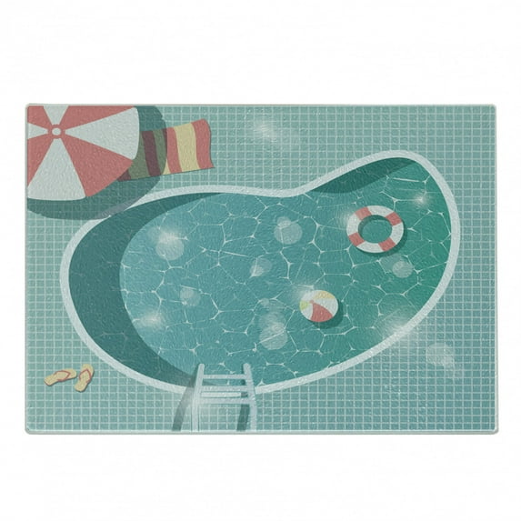 Pool Party Cutting Board, Swimming Pool with Ball Buoy Flip Flops Parasol and Towel Poolside Aerial Image, Decorative Tempered Glass Cutting and Serving Board, in 3 Sizes, by Ambesonne