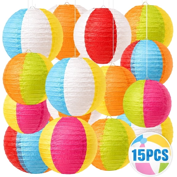 Pool Party Decorations Beach Ball Paper Lanterns Summer Luau Themed Hanging Decor for Birthday Party Outdoor Indoor 15 Pcs