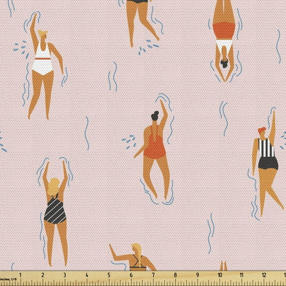 Ambesonne Pool Party Fabric by the Yard Upholstery, Girls Swimming Beach Fun, 5 Yards, Pale Pink Multicolor