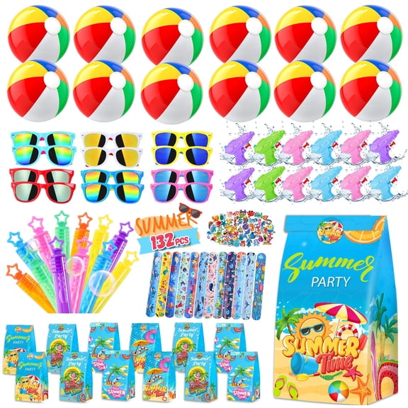Pool Party Favors - 132PCS Summer Beach Toys for Kids Include Balls, Sunglasses Bulk, Bubble Wands - Party Supplies for Summer Birthday 4-8 8-12 A101