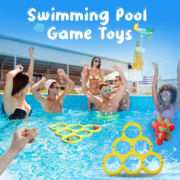Pool Party Favors & Games Set with 1 toss Frame and 12 Rainbow Pool Balls, toss Across Game, Water Ring Game, Pool Balls for Swimming Pool, Water Balls for Pool, Pool Accessories