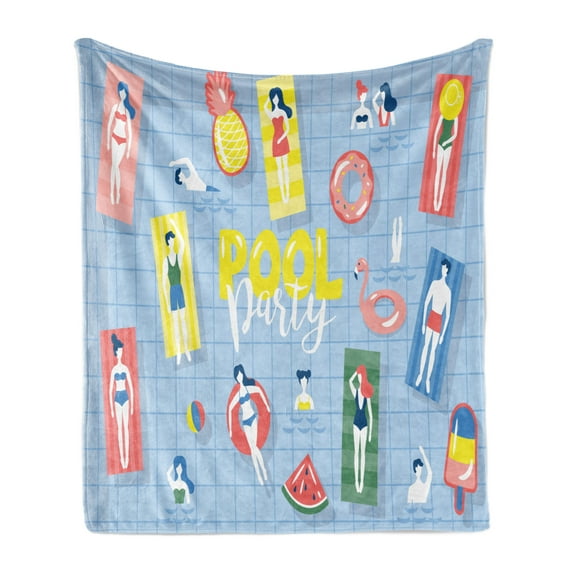 Pool Party Soft Flannel Fleece Blanket, Doodle Characters Swimming and Enjoying Summer Activities Top View Summer Print, Cozy Plush for Indoor and Outdoor Use, 60" x 80", Multicolor, by Ambesonne