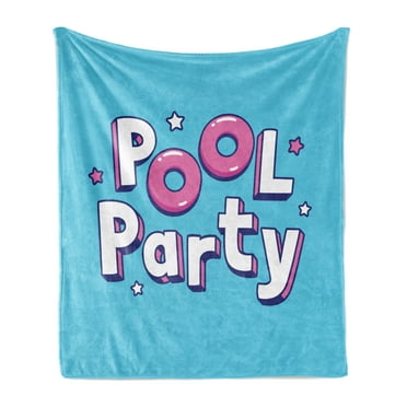 Pool Party Soft Flannel Fleece Throw Blanket, Cartoon Calligraphy Pool Party Text and Tiny Stars, Cozy Plush for Indoor and Outdoor Use, 70" x 90", Deep Sky Blue Pink, by Ambesonne