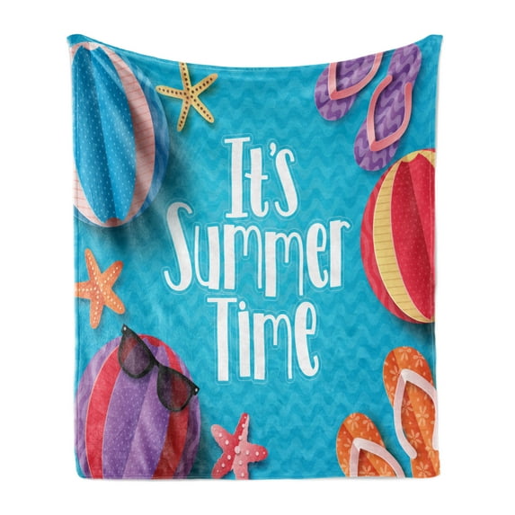 Pool Party Soft Flannel Fleece Throw Blanket, Its Summer Time Lettering with Beach Fun Sunglasses Starfish Balls Flip Flops, Cozy Plush for Indoor and Outdoor Use, 50" x 60", Multicolor, by Ambesonne
