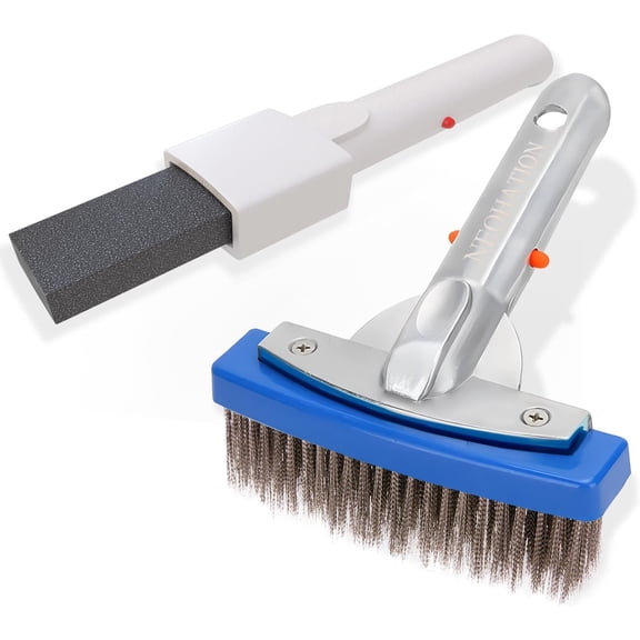 Pool Pumice Stone and 5 inch Stainless Steel Pool Brush Set with EZ-Clip Handle to Reomve Erase Rust Stain Spot in Concrete Plaster Pool Spa and Calcium Deposit on Pool Tile