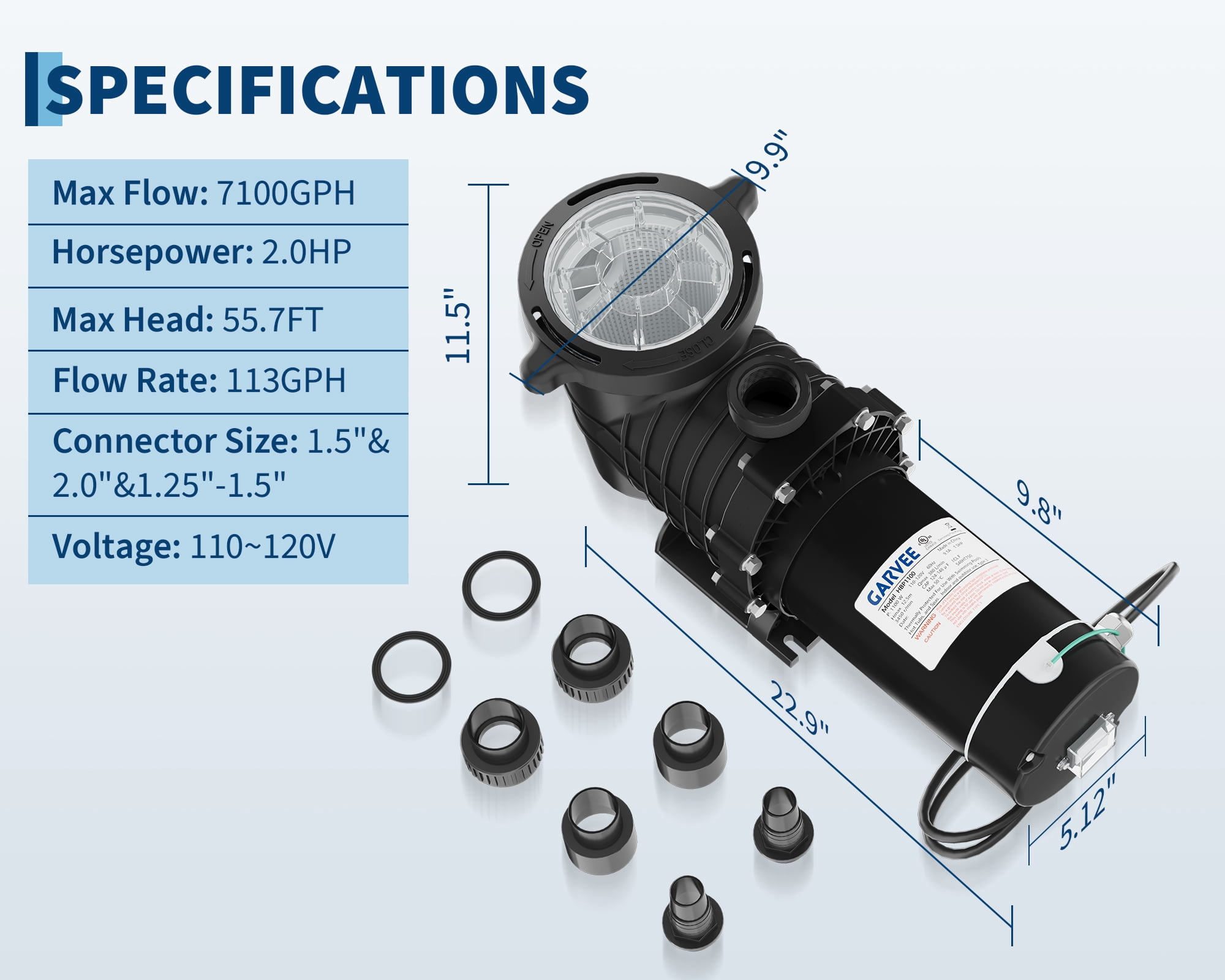Pool Pump Above Ground – 1500W 7100 GPH Self-Priming Single Speed with ...