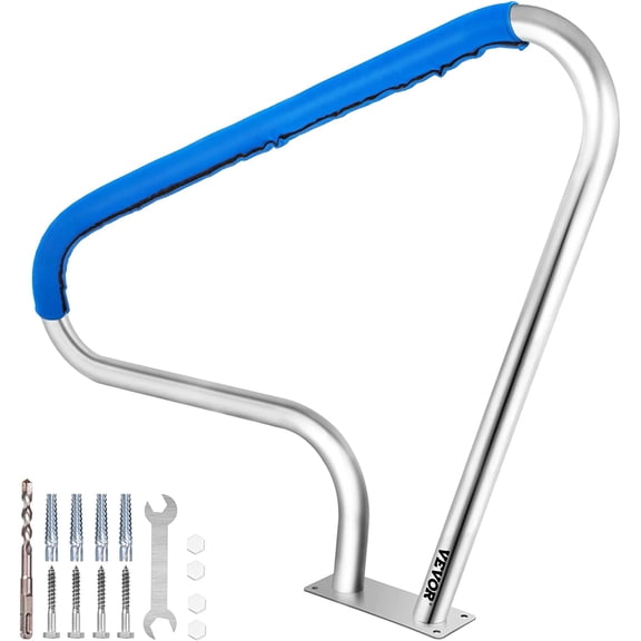Pool Rail 48x36 Railing Brushed Stainless Steel 250LBS Load Capacity Silver Rustproof Handrail Humanized Swimming with Blue Grip Cover & M8 Drill Bit Self-Taping Screws