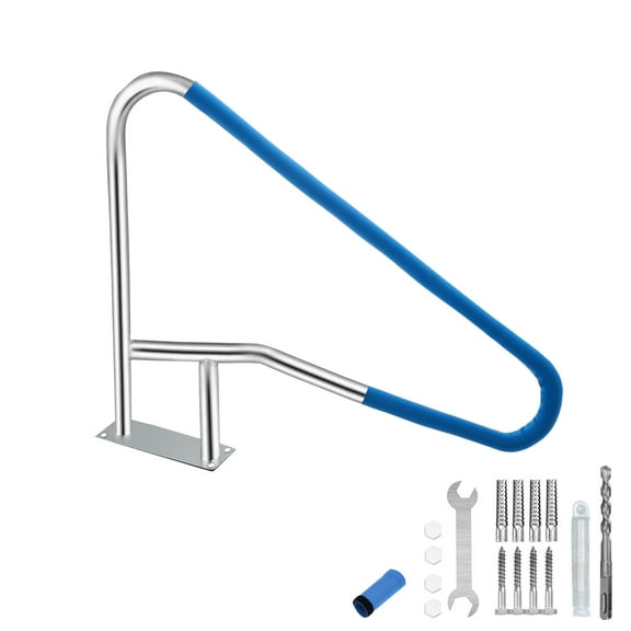 Pool Rail 55x32 Pool Railing 304 Stainless Steel 375LBS Load Capacity Silver Rustproof Pool Handrail Humanized Swimming Pool Handrail with Blue Grip Cover & Quick Mount Base Plate