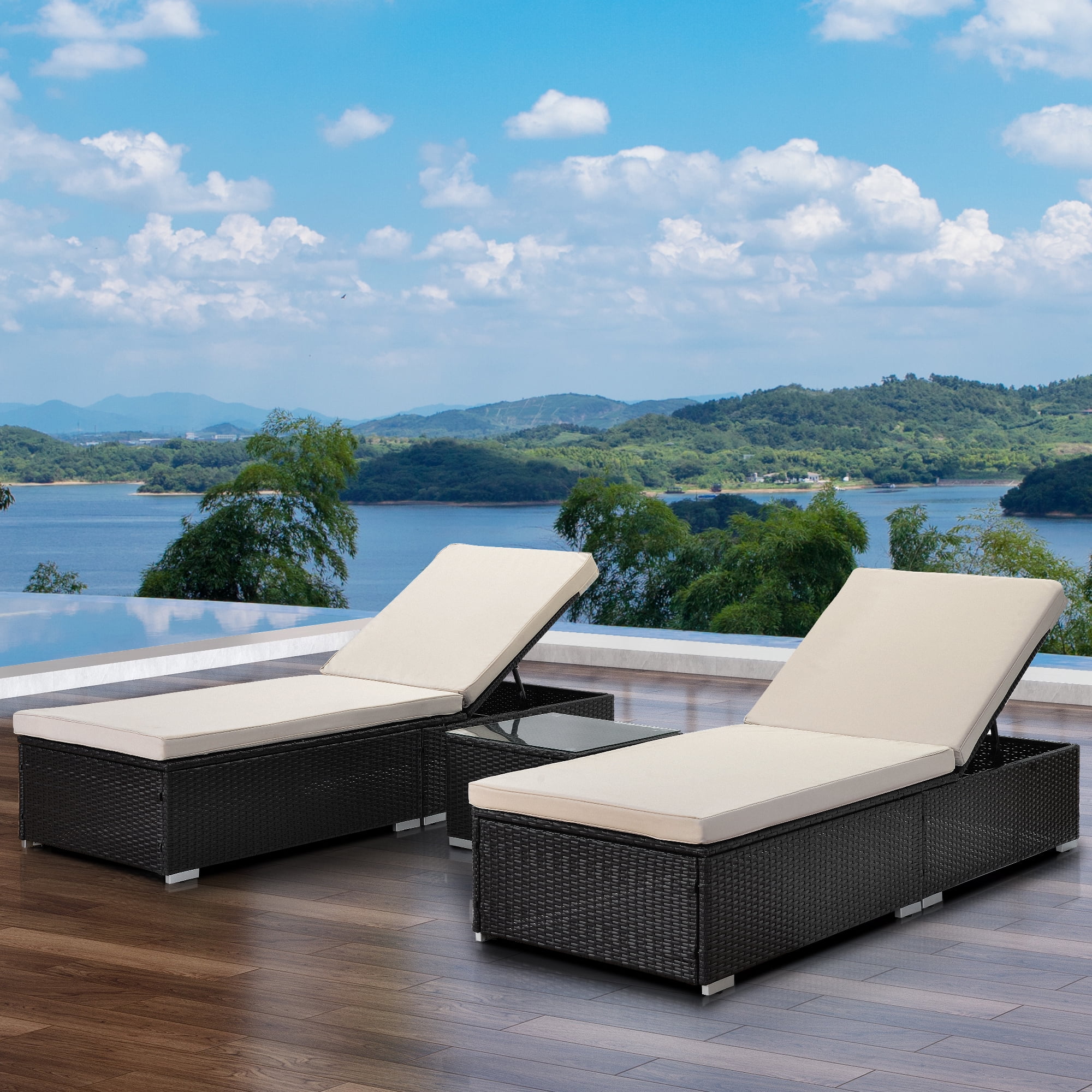 Pool Rattan Reclining Chairs Set of 2 3 Piece Outdoor Rattan Chaise Chair with Table Wicker Recliner with Cushioned Adjustable 5 Position Recliner