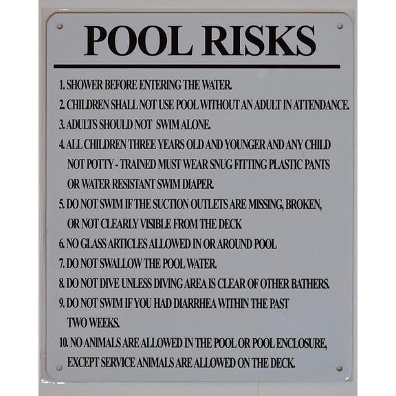 Pool Risks Sign (White, Rust Free Aluminium 10x12)