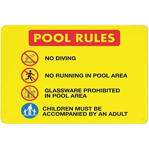 Pool Rules 1 Landscape Reflective Sign - 12×8 Inches, Aluminum Metal Warning Signage with Symbol, Indoor Outdoor Pool Decor
