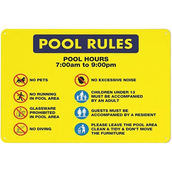 Pool Rules 1 Pool Hours 7Am-9Pm Reflective Sign - 12×8 Inches, Aluminum UV-Protected Waterproof, Fade-Resistant with 4 Pre-Drilled Holes